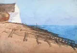Beach groynes with white cliffs beyond by Hilda Carline, Watercolour, sold Jul 2025