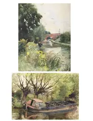 The canal; the barge by Hilda Carline, Watercolour, sold Jul 2025