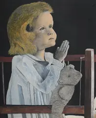 Girl at prayer with teddy by James Lloyd, Watercolour and gouache, sold Jul 2025