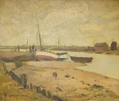 Low tide, Walberswick by Adrian Hill, oil on board, sold Oct 2026