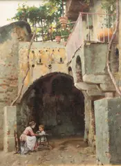 Mother and Child in an Italian courtyard by William Logsdail, oil on canvas, offered May 2014