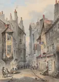 Four hand-coloured scenes of Edinburgh including the Tollbooth, The Royal Mile, Edinburgh Castle from the Grassmarket, The Canongate by Jane Stewart Smith, aquatint, sold May 2014