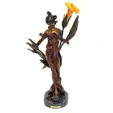 Diane by Pierre Roche, bronze figure holding palmettes, two with light fixtures, standing contra posto, offered Aug 2023
