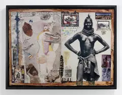 For Kristina Happy B-Day and Lots Love by Peter Beard, c.1995, mixed media; collage; pen; ink; attached photos; fragments and shed snake skin, sold May 2018