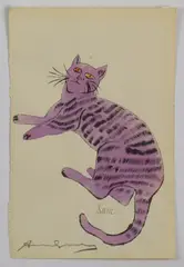 Purple Sam – from 25 Cats Named Sam and One Blue Pussy by Andy Warhol, 1954, lithograph with hand coloring on Ticonderoga paper; from the edition of 190, sold May 2018