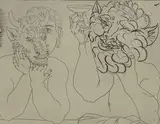 Caisse À Remords: Jeune homme au masque de taurea, faune et profil de femme ( B.279) by Pablo Picasso, 1943, printed in 196, etching on Verge d'Auvergne Richard de Bas paper, sold Dec 2018