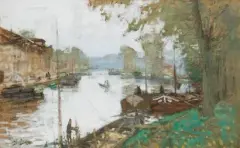 Les Péniches, vers 1930-33 by Pierre Eugène Montézin, Gouache sur carton, sold Jun 2026