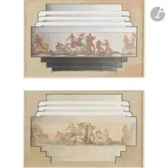 Scène mythologique, 2 états d’un projet pour une fontaine débordante intégrée à la piscine de la première classe du paquebot Normandie by Jean Mayodon, 1934, Gouache sur papier et gouache aquarellée sur papier, sold May 2026