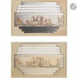 Scène mythologique, 2 états d’un projet pour une fontaine débordante intégrée à la piscine de la première classe du paquebot Normandie by Jean Mayodon, 1934, Gouache sur papier et gouache aquarellée sur papier, sold May 2026