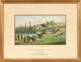 Grand Steeple Chase, La Marche le 4 avril 1852, le saut de la rivière by Johnny Audy, Aquarelle gouachée, sold Nov 2025