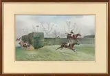 The last fence for the past and present Steeple Chase, Sandown Park by John Beer, 1912, Gouache, sold Nov 2025