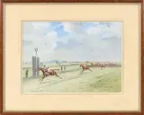 The finish for the Maiden Hurdle Race, Gatwick by John Beer, 1915, Gouache signée en bas à gauche, sold Nov 2025
