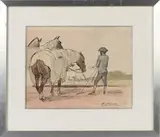 Au polo, lad et ses trois chevaux by Pierre Olivier Dubaut, Aquarelle et encre, sold Nov 2025