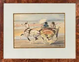 Promenade en tonneau sur la plage by Pierre Olivier Dubaut, Aquarelle et encre, sold Nov 2025