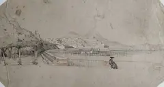 14 avril 1846 Homme assis contemplant la baie de Naples, reprise d'un dôme en haut à gauche by William Wyld, Crayon noir, Plume et encre noire, aquarelle et rehauts de gouache blanche sur papier beig, sold Jun 2026