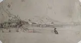 14 avril 1846 Homme assis contemplant la baie de Naples, reprise d'un dôme en haut à gauche by William Wyld, Crayon noir, Plume et encre noire, aquarelle et rehauts de gouache blanche sur papier beig, sold Jun 2026