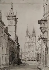 31 décembre 1846 et 2 janvier 1847 Vues de Prague : La grande place et l'ancien hôtel de ville de Prague, et la rivière Vltava by William Wyld, Plume et encre brune, lavis brun sur traits de crayon noir Situés et datés en bas En deux, sold Jun 2026