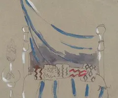 Étude de lit et draperie au Maroc by Cecil Beaton, vers 1960, Aquarelle sur papier gris et traits de crayon, sold May 2026