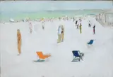 Baigneurs et transats sur la plage by Henri André Martin, Gouache sur toile, non signée, sold Jun 2026