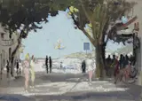 Promeneurs sur les terrasses du petit port by Henri André Martin, Gouache sur carton, sold Jun 2026