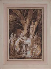 Sacrifice de colombes à Vénus by Etienne Vallée, Plume encre brune, lavis brun, rehauts de gouache blanche, sold Jun 2026