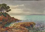 Coucher de soleil en bord de mer by Romain Jouven, Aquarelle signée Dim, sold Nov 2025