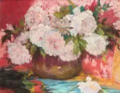 Vase de pivoines sur un tissu, Alger 1935 by Emile Deckers, Pastel sur toile, sold Nov 2025