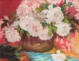 Vase de pivoines sur un tissu, Alger 1935 by Emile Deckers, Pastel sur toile, sold Nov 2025
