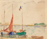 Voiliers by Georges d'Espagnat, Aquarelle signée en bas à gauche, etiquette de la galerie Le Chapelin exposition, sold Jun 2025