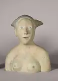 Buste de femme à la coiffe by Agnès Baillon, 2002, Epreuve en bronze à patine verte rehaussée de couleurs, sold Dec 2025