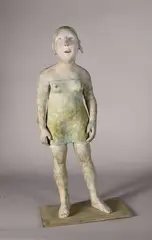Femme debout by Agnès Baillon, 2001, Epreuve en bronze à patine verte rehaussée de couleurs, et tissu, sold Dec 2025