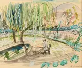 Au jardin by Alexandre Hinkis, Aquarelle et gouache signée en bas à droite, sold Dec 2025