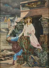 Apparition devant un temple égyptien by Maurice Ray, 1891, Aquarelle et rehauts de peinture or, sold Dec 2025