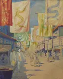 La rue des Soyeux à Changhaï by Joseph Ruedolf, Aquarelle sur papier encadrée, sold Jun 2024