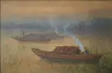 Barques animées sur la rivière by Ginnosuke Yokouchi, Aquarelle et rehauts de gouache sur papier vergé signée en bas à droite, encadrée, sold Jun 2024