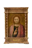 Christ bénissant Pinacle de retable Peinture à l'oeuf et fond d'or sur panneau de bois entouré d'un cadre en bois doré dans le goût Renaissance 36,5 x 28 cm Éta by Taddeo di Bartolo, Panneau constitué de deux planches au fil vertical de, sold Mar 2026