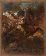 Esquisse pour l'Officier de chasseurs à cheval de la Garde impériale, chargeant ; au verso une copie d'après la Descente de croix de Jouvenet by Théodore Géricault, Toile double-face, sans châssis, sold Jun 2026