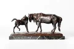 Jument et son poulain by Eugene Lanceray, Bronze à patine brune signé sur la terrasse, sold Feb 2025