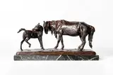 Jument et son poulain by Eugene Lanceray, Bronze à patine brune signé sur la terrasse, sold Feb 2025