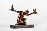 Femme aux colombes by Lucien Charles Edouard Alliot, Bronze patiné, sold Feb 2025