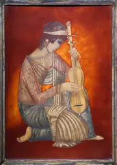 Jeune fille agenouillée jouant du luth by Jean Dunand, Panneau en laque écaille brune à décor gravé façon Coromandel et rehaussé de couleur (fêle, sold Nov 2024