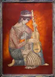Jeune fille agenouillée jouant du luth by Jean Dunand, Panneau en laque écaille brune à décor gravé façon Coromandel et rehaussé de couleur (fêle, sold Nov 2024