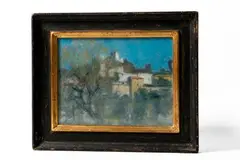 Village provençal by Raymond Thibesart, Pastel sur papier H_24,4 cm L_31,8 cm Papier légèrement gondolé, cadre abimé, sold Oct 2024