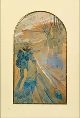 Amoureux effrayés par des arbres grimaçant by Georges de Feure, Gouache et aquarelle à vue arrondie dans sa partie supérieure, sold Jul 2025