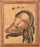 L'île d'Amour » & « Portrait de femme by Alfred Janniot, Encre, gouache et rehauts de dorure sur panneau de bois à vue rectangulaire décoré recto-v, sold Jun 2025