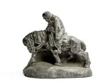 Le Docteur à cheval » ou « Traspassant la Serra », modèle créé en 1914 by Gustave Violet, Épreuve en terre cuite à patine argentée imitant le métal (taches, fendillements et usures, sold Jun 2025