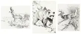 Three Works: White Tailed Deer (#0141), Antelope (#0148), Grizzly (#0150) by Clarence Ingwall Tillenius, ink on paper, sold Apr 2026