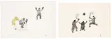 Two works: Waiting Hopefully (00416), Ball Game (00430) by Malaya Akulukjuk, stencil print on paper, sold Apr 2026