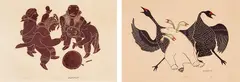 Two works: Dance of the Games (00212), It's a Sorcerer (00407) by Agnes Nanogak, stonecut on paper, sold Apr 2026