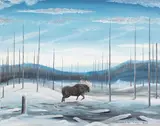 Moose in Burned Out Forest, Winter (#0098) by Carl Ray, acrylic on canvas, sold Apr 2026